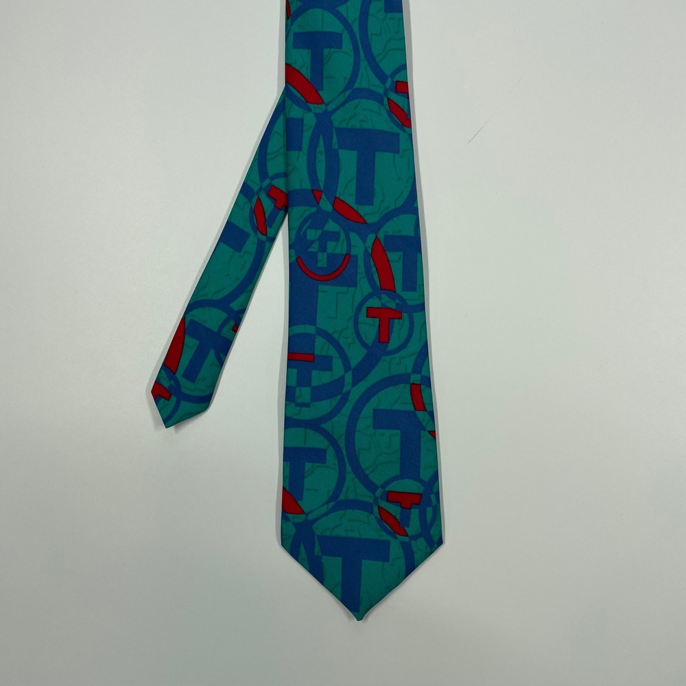 Angelica Teal Blue Red Abstract Geometric T Pattern Silk Tie Mens OS